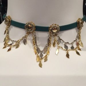 Sweet Romance Dark Turquoise Silver Gold Swag Leather Choker Necklace